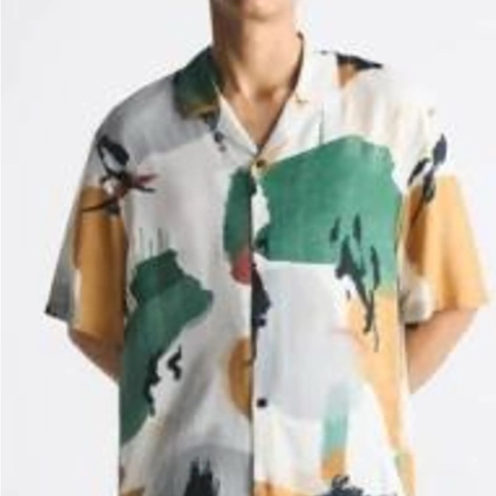 Zara Abstract Short-Sleeve Button-Down Shirt - Green/Yellow/Black